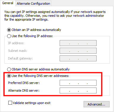 Enter DNS server addresses