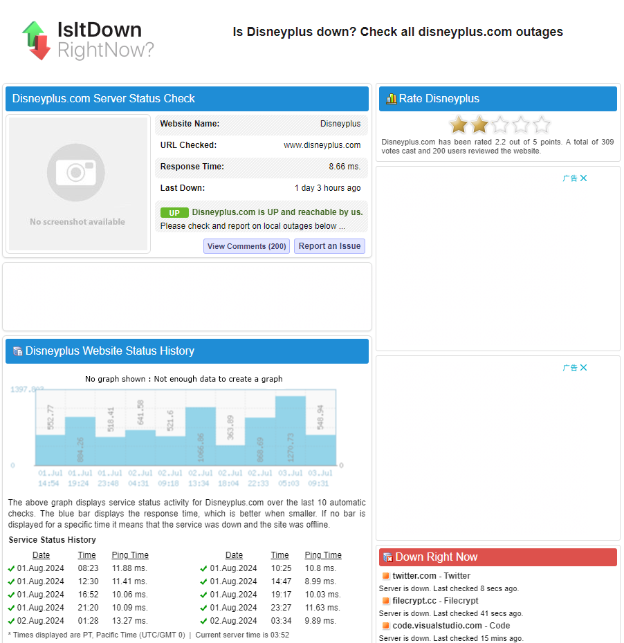 IsItDownRightNow로 디즈니 플러스가 다운되었는지 확인