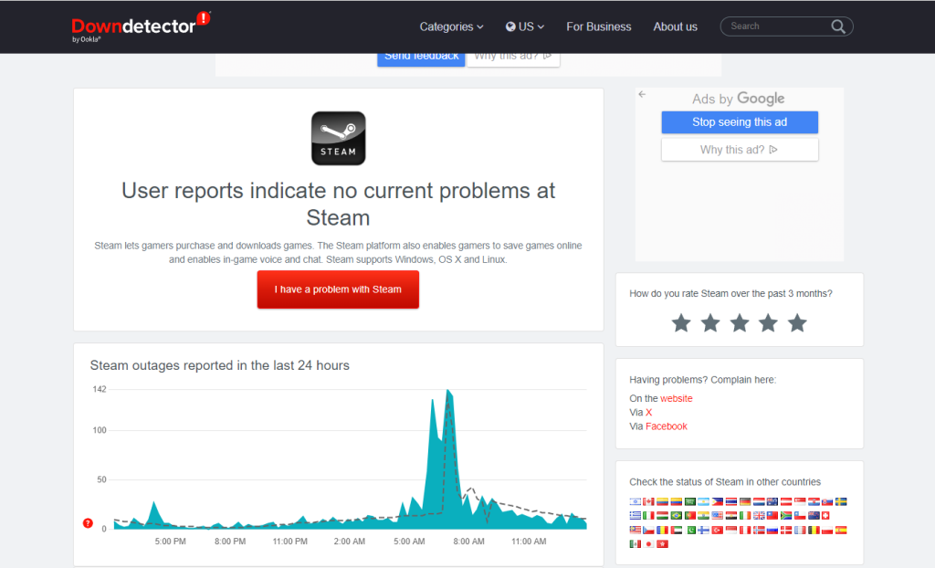 Check Steam server status with DownDetector