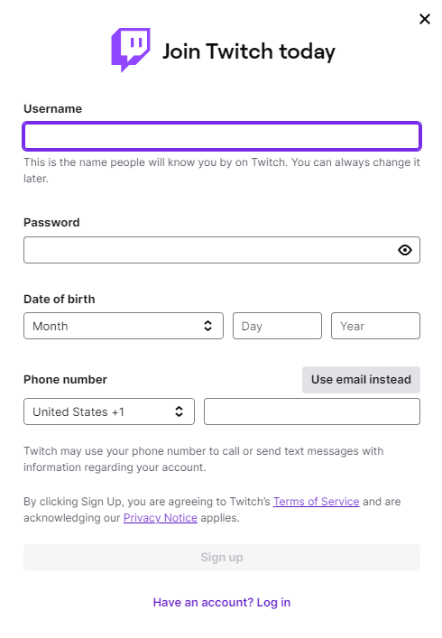 Twitch Sign-Up Page