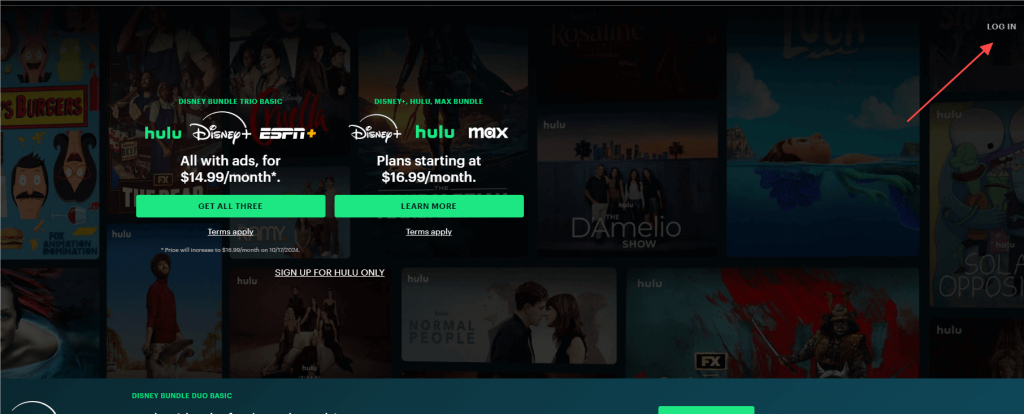 The Log In Button on the Hulu Website