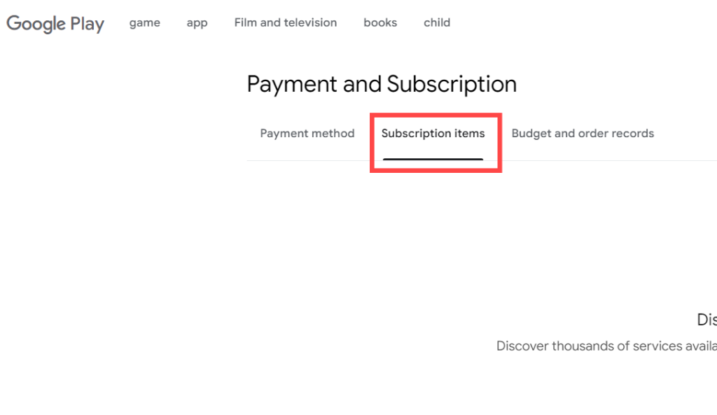 The Subscription Items Option on the Google Play Store Site