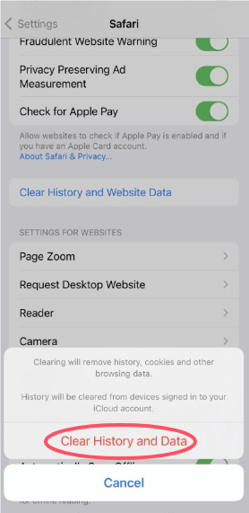 Tap “Clear History and Data.”