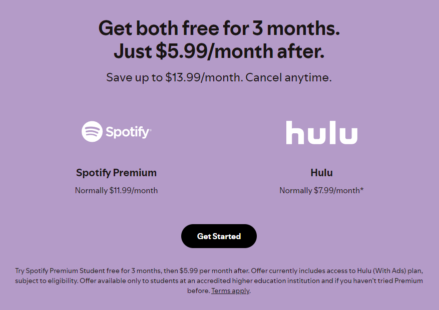 El plan Spotify Premium Student con Hulu (con anuncios)