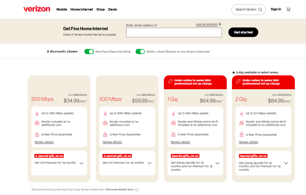 Verizon Fios price