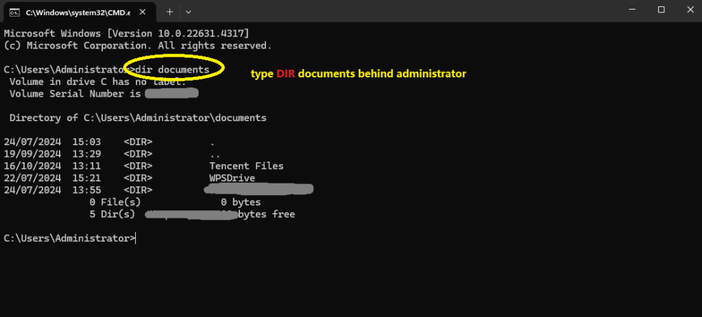 Type DIR documents in the command prompt