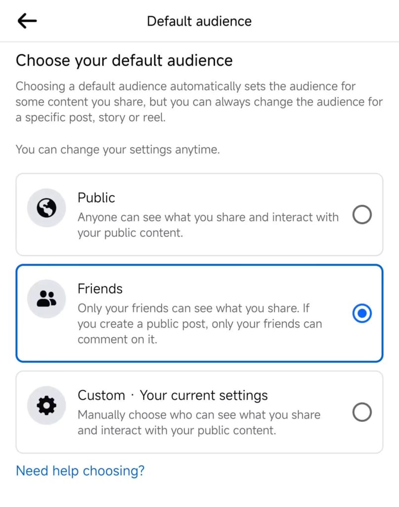 Facebook's default audience settings