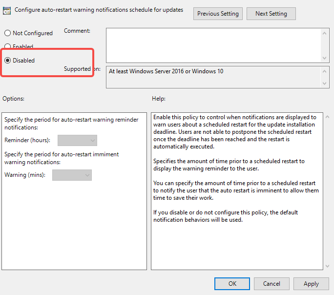 In "Configure auto-restart warning notifications schedule for updates", select "Disabled"