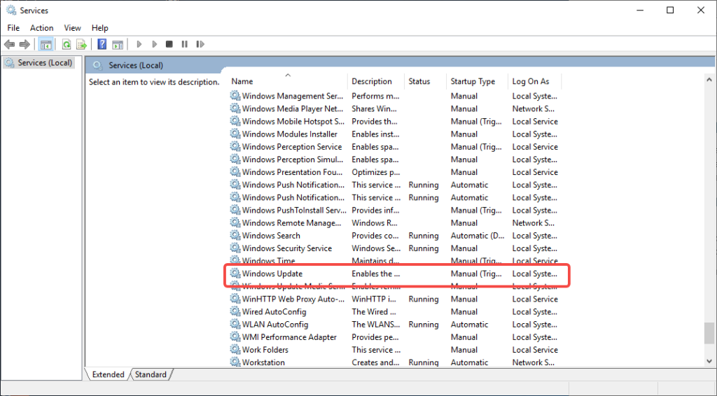 Find "Properties" in the Windows Update service section