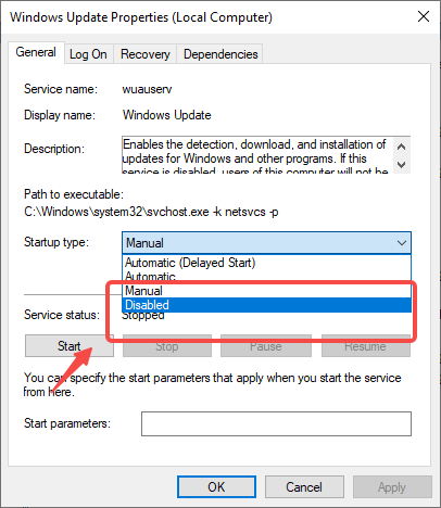 Select "Disabled" to turn off Windows automatic updates