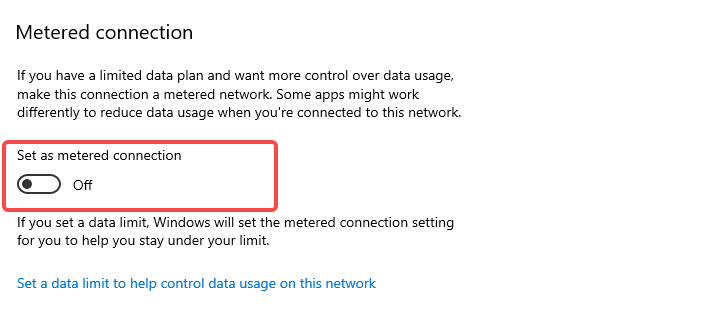  Turn on "Set as metered connection"