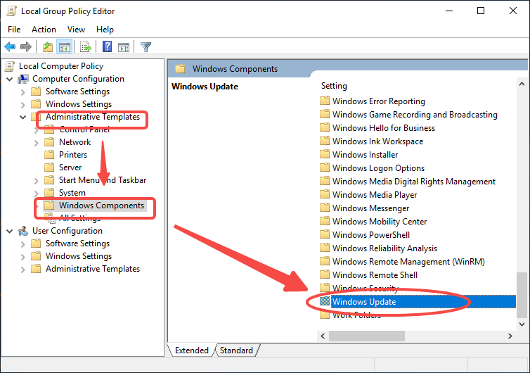 Navigate to Computer Configuration > Administrative Templates > Windows Components > Windows Update.