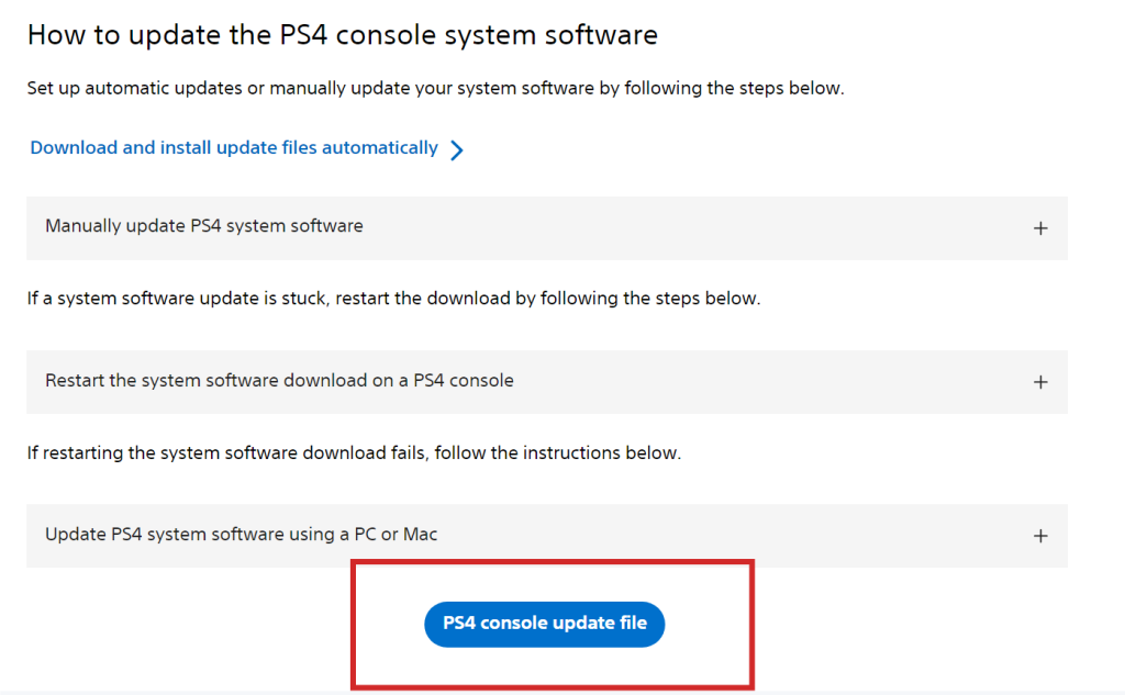 Botón de Archivo de Actualización de la Consola PS4