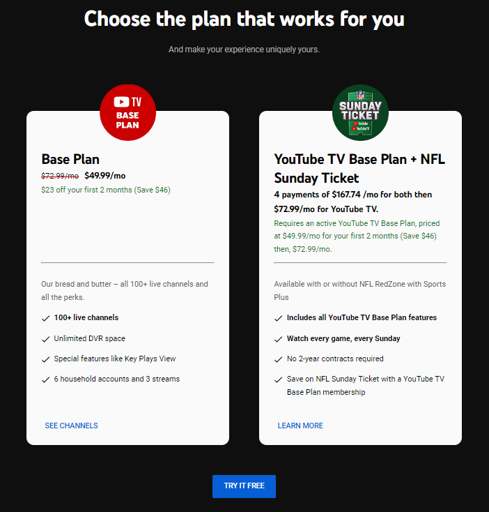 Planes de suscripción a YouTube TV