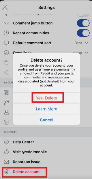 delete Reddit account on iOS