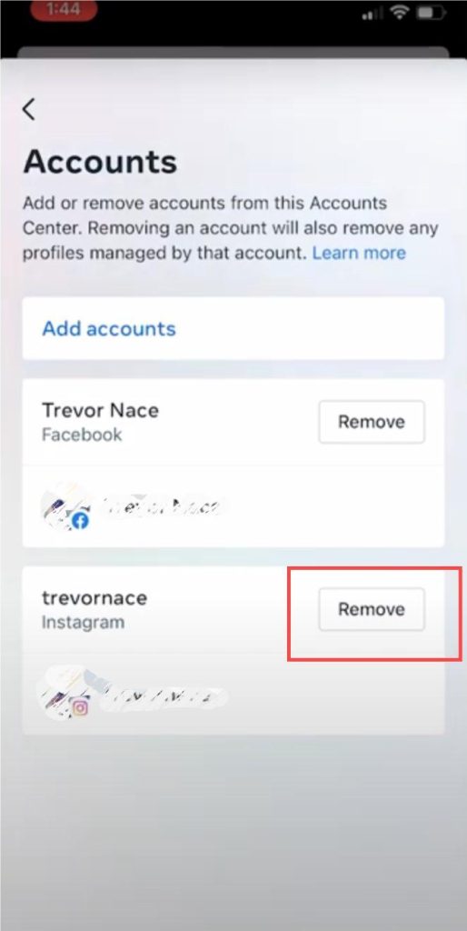 Tap “Remove” on Facebook to Unlink Facebook and Instagram