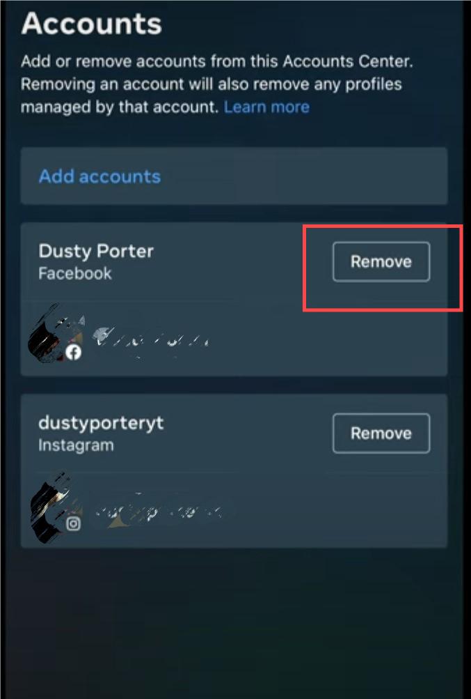 Tap “Remove” on Instagram to Unlink Facebook and Instagram