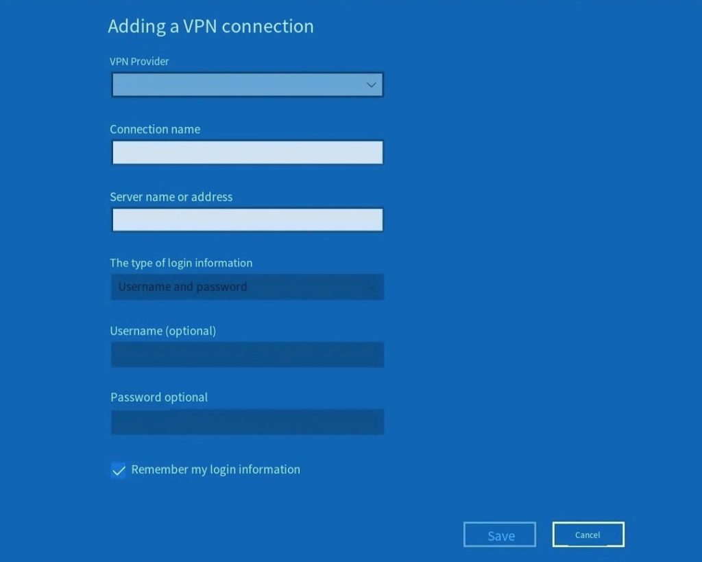 输入信息以在Windows上设置远程访问VPN