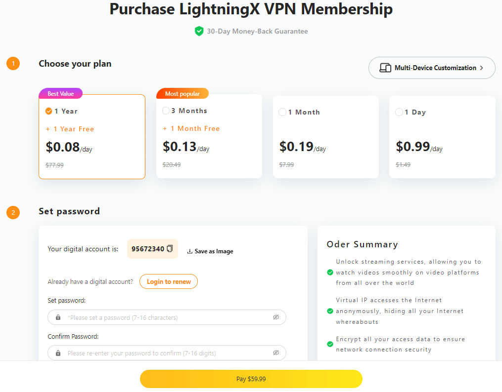 LightningX VPN 요금제 및 가격