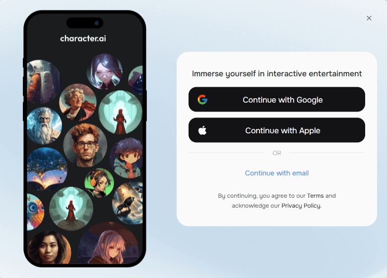 Log in/Sign up to Character AI
