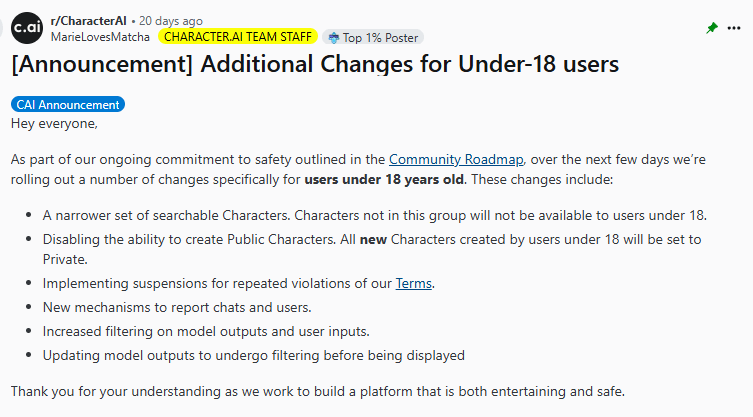 limitations of the Character AI set for underage individuals
