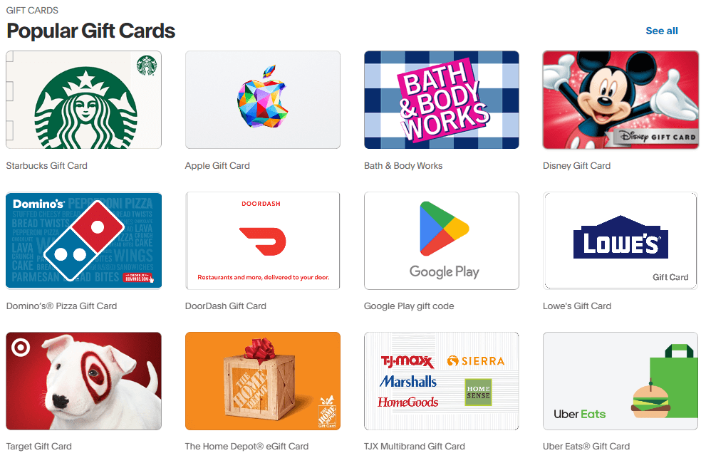 Gift Cards on PayPal Digital Gifts