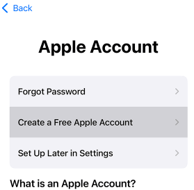 Toca “Crear Apple ID” o “Crear una cuenta de Apple gratuita”