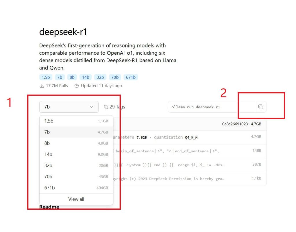 Selecciona los parámetros y copia el código de DeepSeek R1