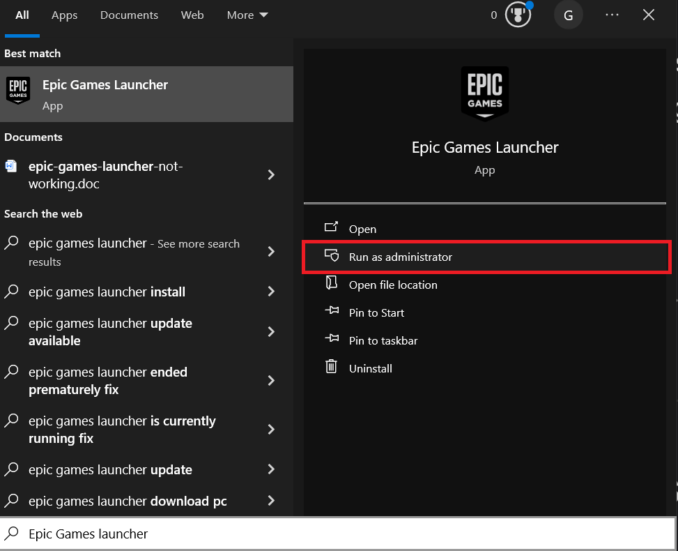Run Epic Games Launcher as Administrator