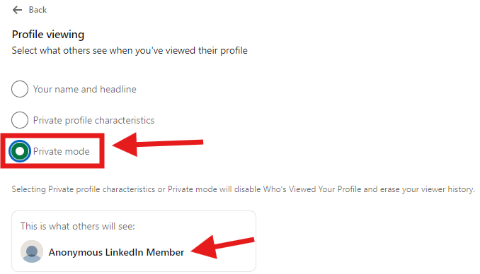 Turn on LinkedIn Private Mode on desktop devices.