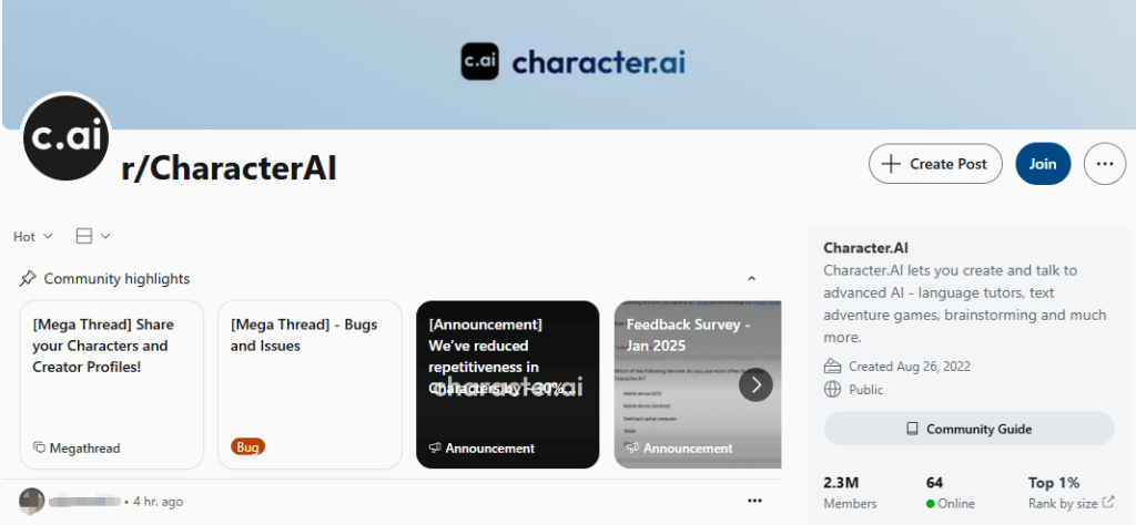 Character AI’s subreddit