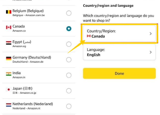 在亚马逊上更改您的国家/地区（应用程序）