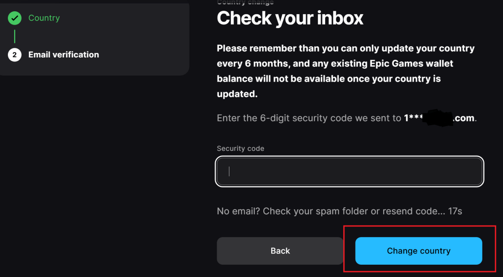 Click “Change country” to Change Epic Games Region