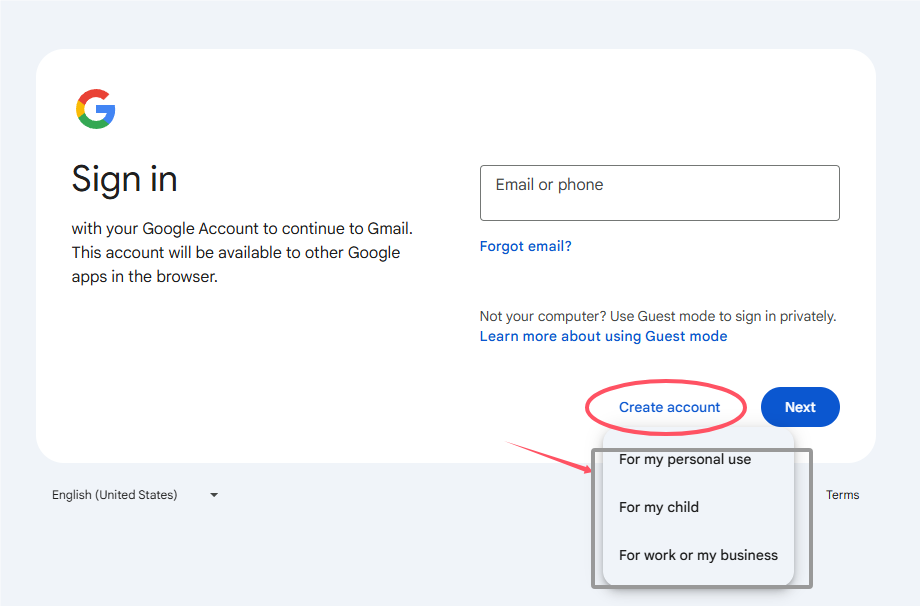 Go to Gmail sign-up page to create a new Gmail account