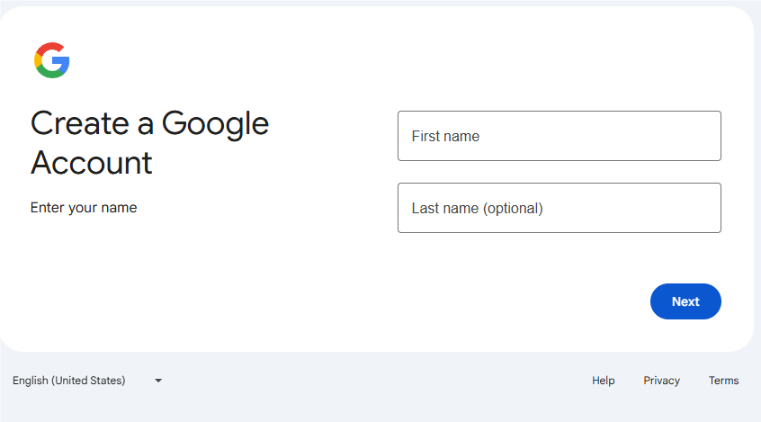 Google will ask you to fill in your first and last name