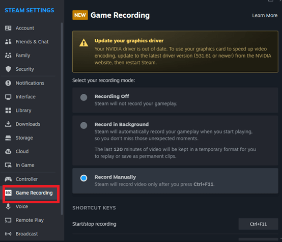 Turn on the Game Recording option