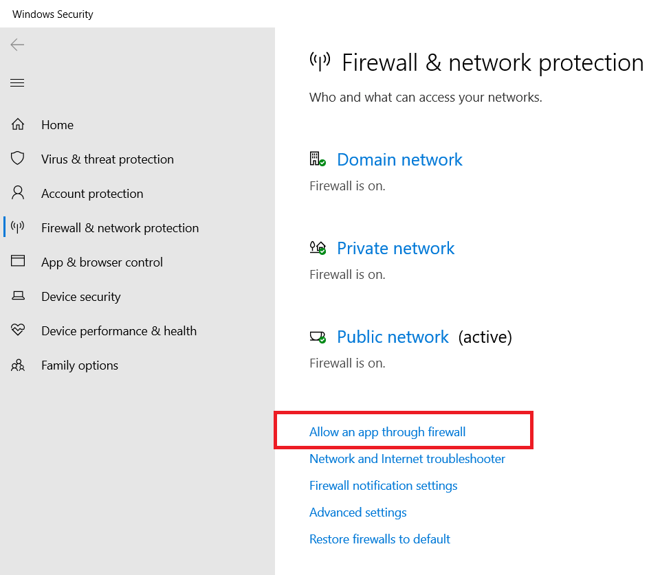 Click "Allow an app through firewall"