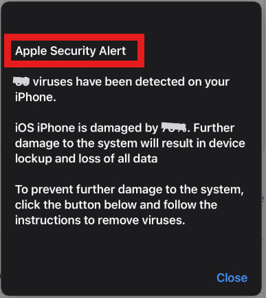 Safari 上顯示病毒的 蘋果安全警報