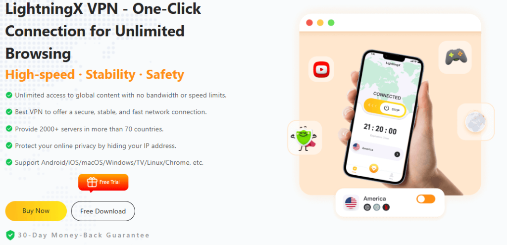 best free VPN for PS5: LightningX VPN