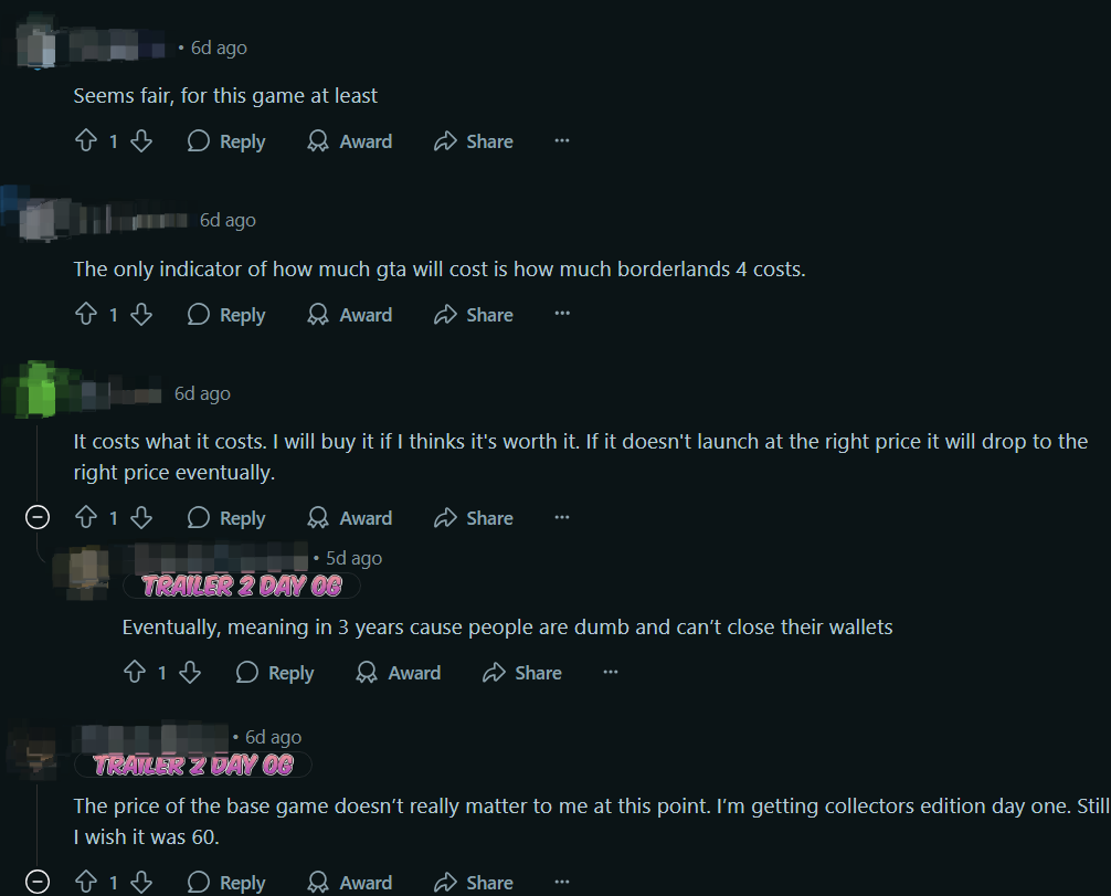 Comentarios de los usuarios de Reddit sobre el precio de GTA 6