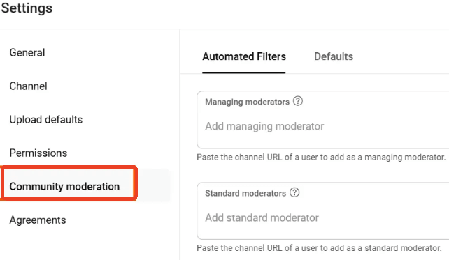 In the Settings screen, click “Community moderation”.