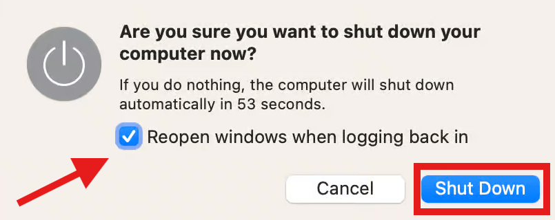 The prompt window when the MacBook shuts down.