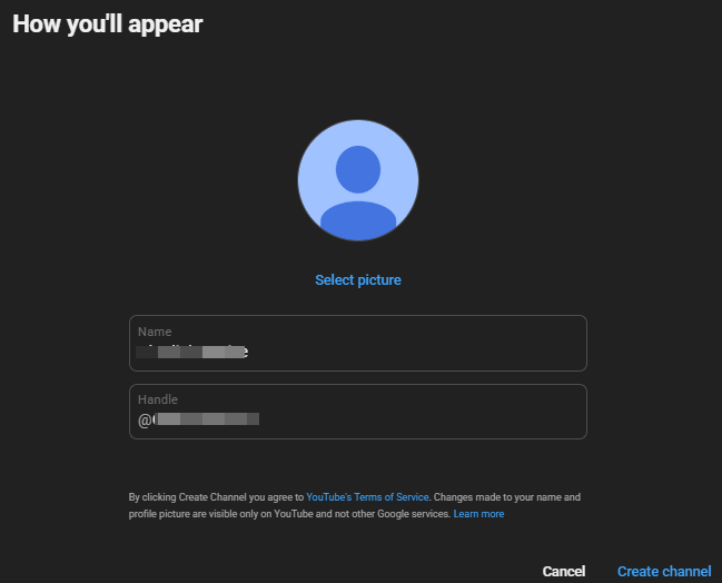 Enter a Channel Name for the YouTube Channel
