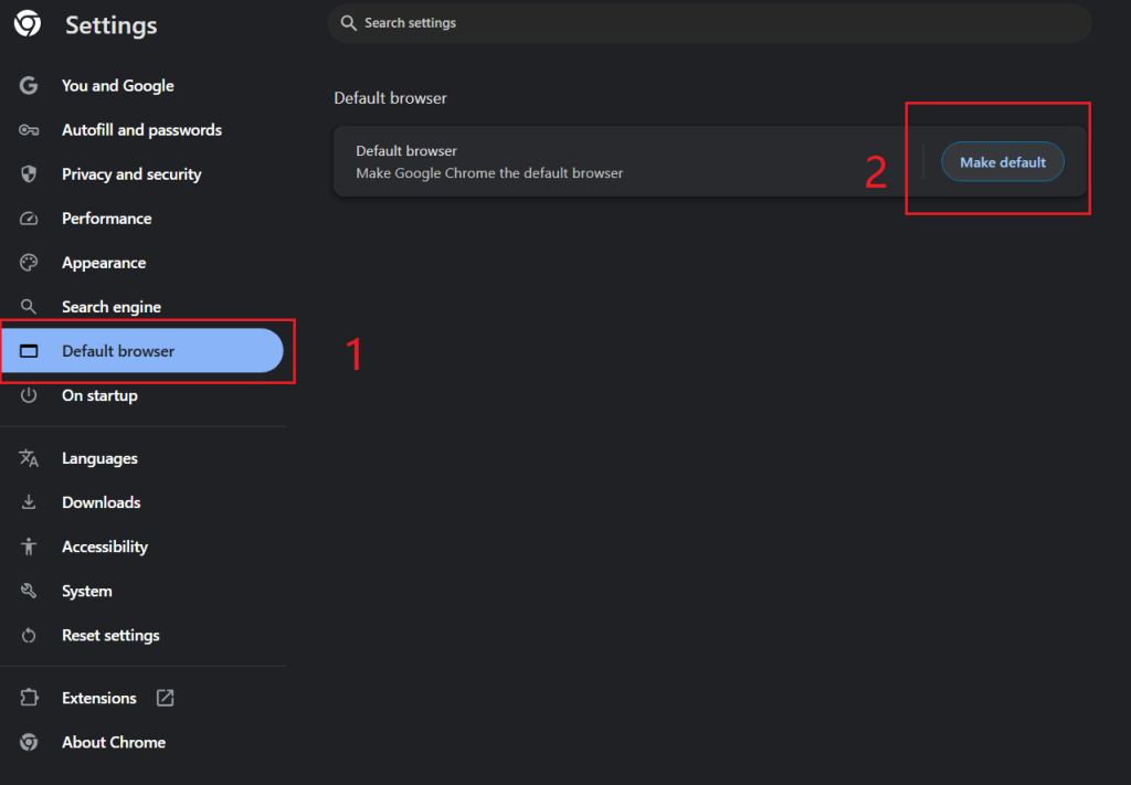 Click “Make default” in the Chrome Browser