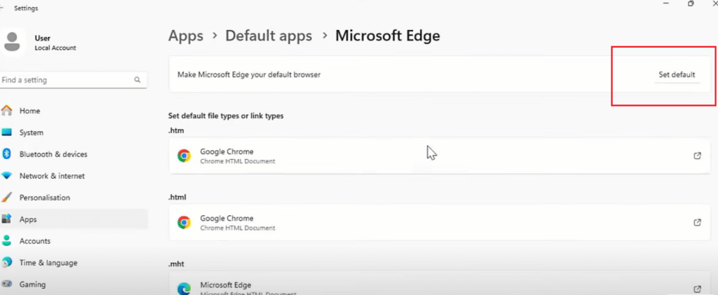 Click the “Set default” Button Next to the Browser You Want to Set as Default