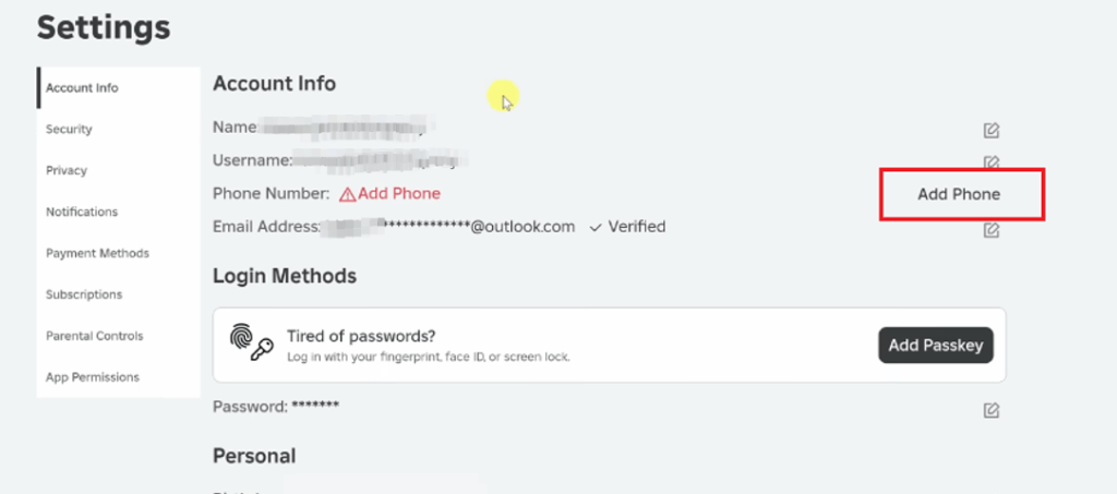 Haz clic en «Añadir teléfono» en «Información de la cuenta»