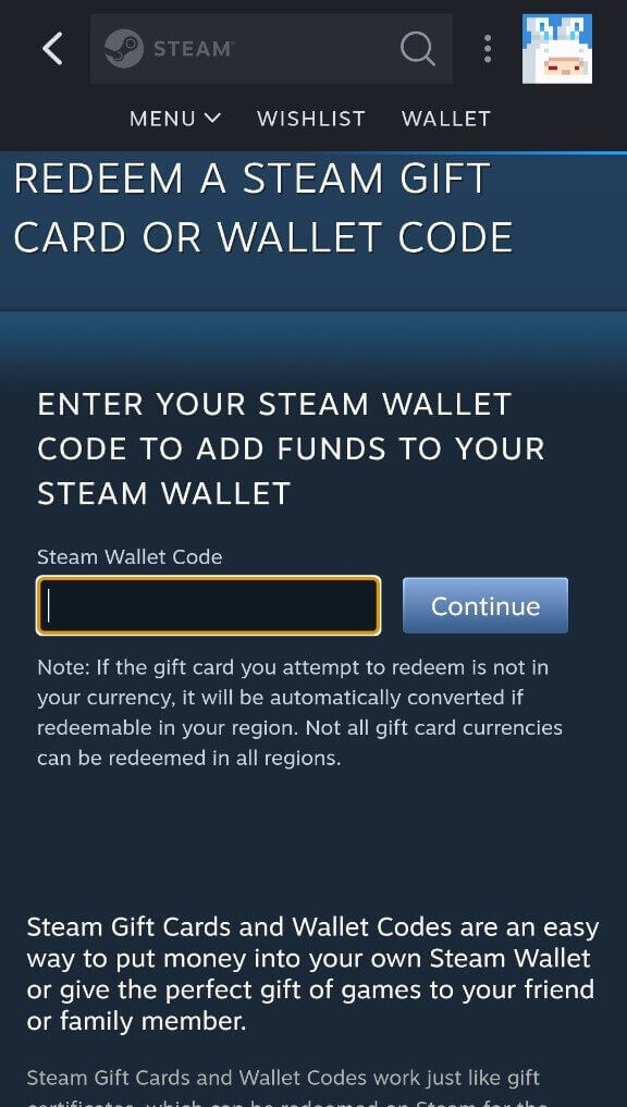 Enter a Gift Code or Wallet Code into the “Steam Wallet Code” Field