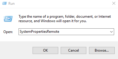 「Windows」キーと「R」キーを同時に押して、「SystemPropertiesRemote」と入力します。