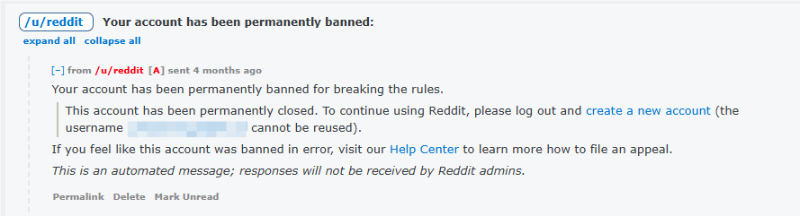 “Your account has been permanently banned.”notice from Reddit.