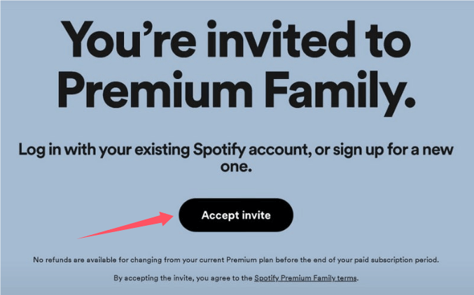 Haz clic en "Aceptar invitación" para unirte al Plan Familiar de Spotify.